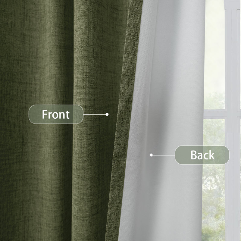 100% Blackout Linen Textured  Curtains Farmhouse Thermal Insulated Pocket Back Tab Full Light Blocking 2 Panel, Olive Green
