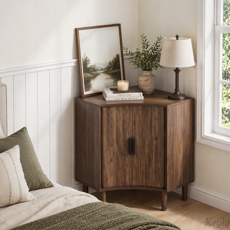 Armoire d'angle cannelée avec portes coulissantes et tablettes réglables