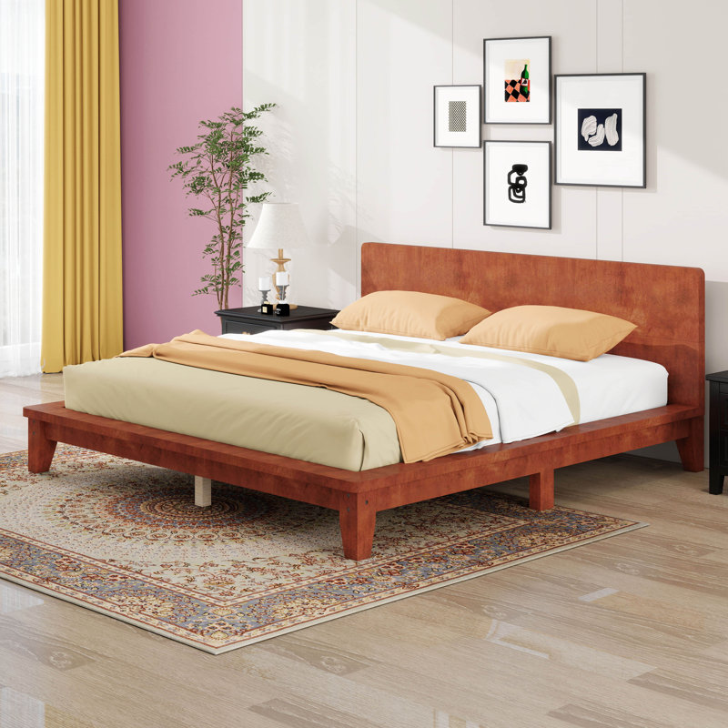 Base de lit plateforme double avec tête de lit et lattes en bois, Brun