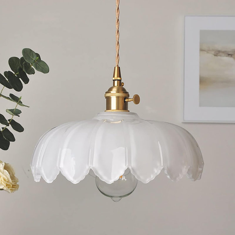 Milk White Glass Pendant Light Fixtures Medium 9.8 Inches Lampshade Gold Brass Finish, White