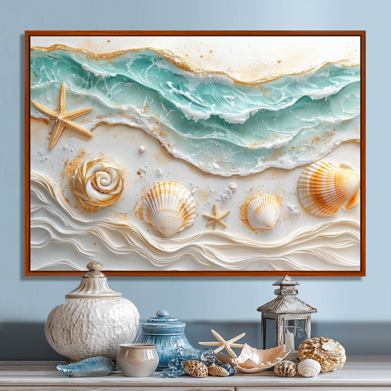 Coquillage et plage marbrée, paysage I - art mural côtier, Brun, Cadre flottant, H 12 po x l 20 po