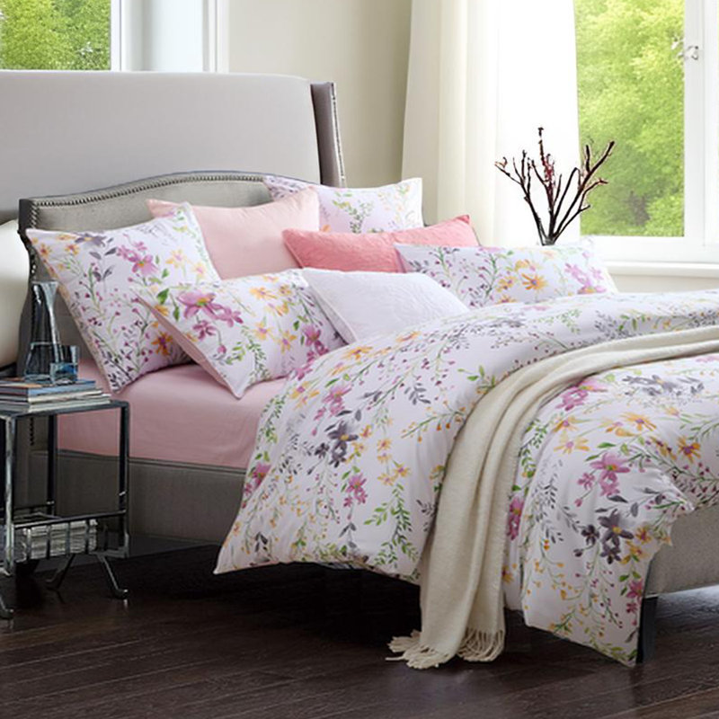  800TC 100% Egyptian Cotton Duvet Cover Set,3pcs Luxury Pink Spring Botanical Pattern Shabby Chic Bedding Set, Aesthetic Botanical Pattern for Guest Room Student Dorm All Seasons