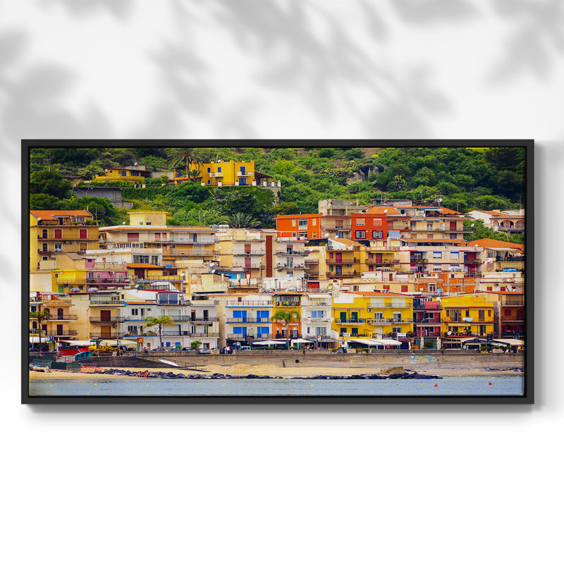 Village de plage italien - Toile tendue avec châssis encadré - Prêt à être accroché, Noir, H 21 po x l 41 po