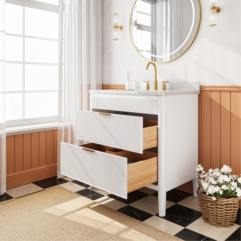 Ensemble de meuble-lavabo autoportant blanc 36 po avec 2 ensembles de poignées et plateau en marbre d'ingénierie entièrement assemblé