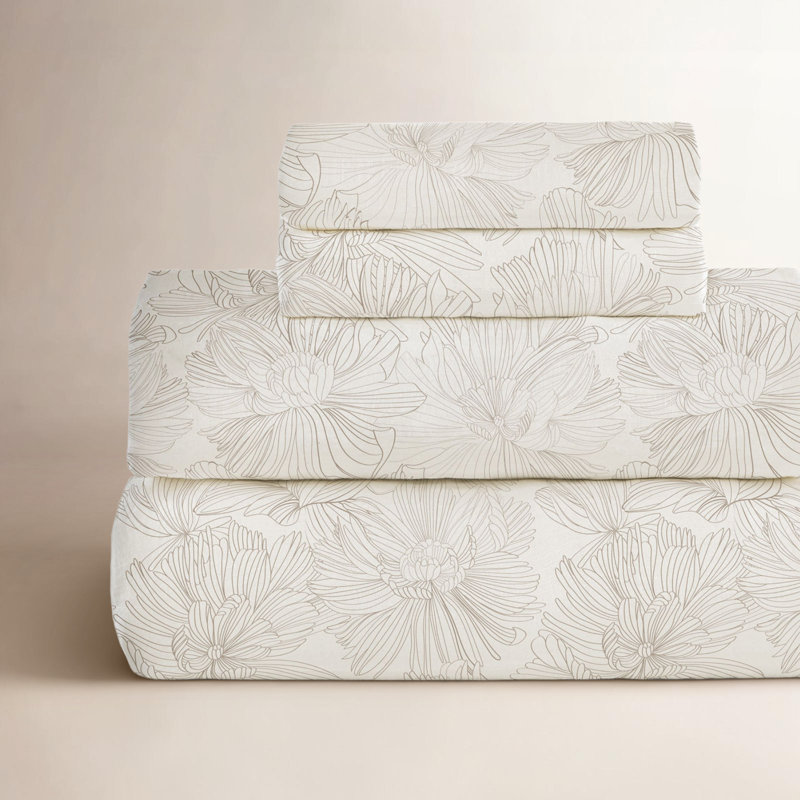100% French Linen Sheet Set, Full Sheet Set with 2 Pillowcases, Cream/Putty Floral
