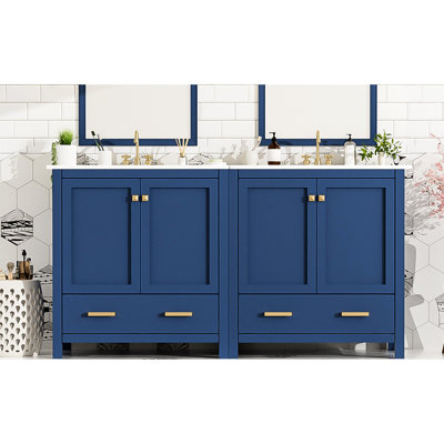 Meuble-lavabo de 60 po en bleu, avec double meuble-lavabo et options de rangement pratiques - Simplifiez la construction durable de vos éviers en céramique