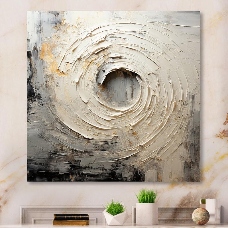 Mouvement méditatif gris et beige I - abstrait en spirale, art mural en métal, H 36 po x l 36 po x P 1,5 po