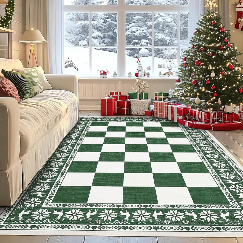 5x7 Checkered Christmas Area Rug, Washable Non Slip Low Pile Rug for Dining Room, Green, Rectangle 5' x 7', Green