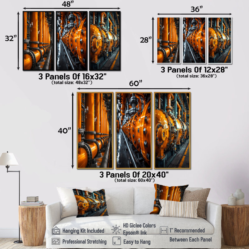 Orange Grey Powerhouse Pulse Power Plant I - Pink Industrial Large Wall Art Collection, Wrapped Canvas, Does Not Apply