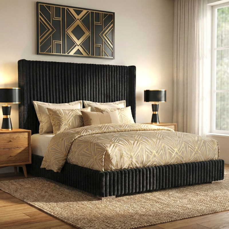 Bertogne Tall Wingback Headboard Upholstered Bed, King, Black