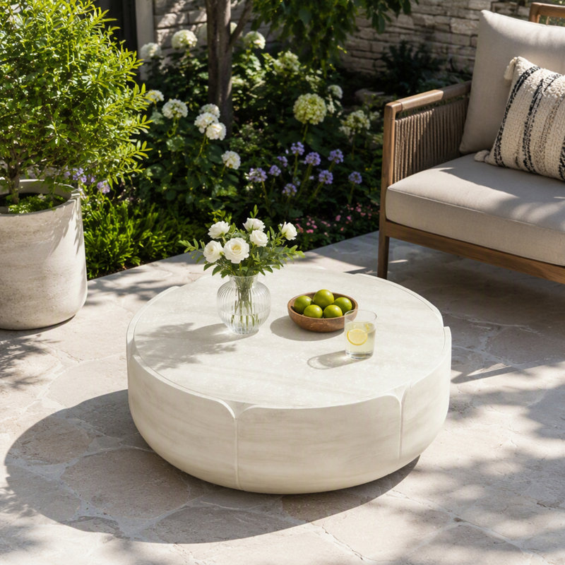 Table basse ronde d'intérieur pour l'extérieur, table de centre tambour moderne à grain de bois, robuste MGO imperméable