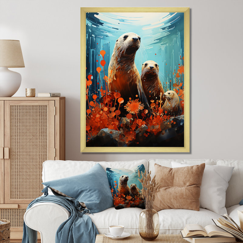 Bleu sarcelle, animaux marins, mer curieuse - impression, Cadre photo doré, H 32 po x l 16 po x P 1 po