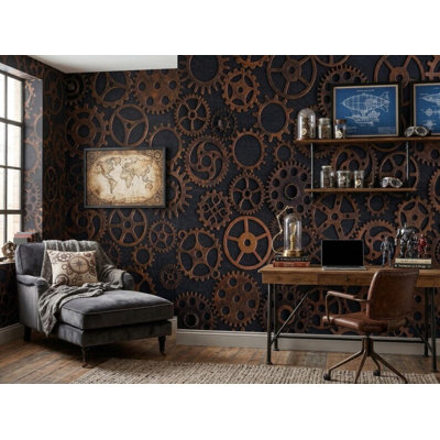 Brown Industrial Wall Mural Steampunk Gear Loft Mechanical Vintage Wallpaper
