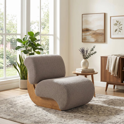 Sloane Curved Boucle Upholstered Accent Slipper Chair Solid Wood Base