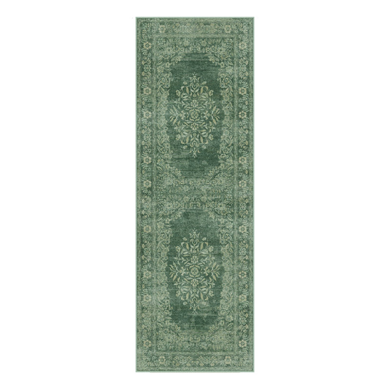 Stella Machine Washable Oriental Area Rug With Non-Slip Backing, Runner 2' x 6', Green