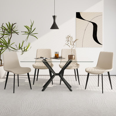 Ensemble de salle à manger rectangulaire en verre trempé de 47,24 po, table de salle à manger minimaliste moderne en verre avec chaises en similicuir, salle à manger et meubles de cuisine