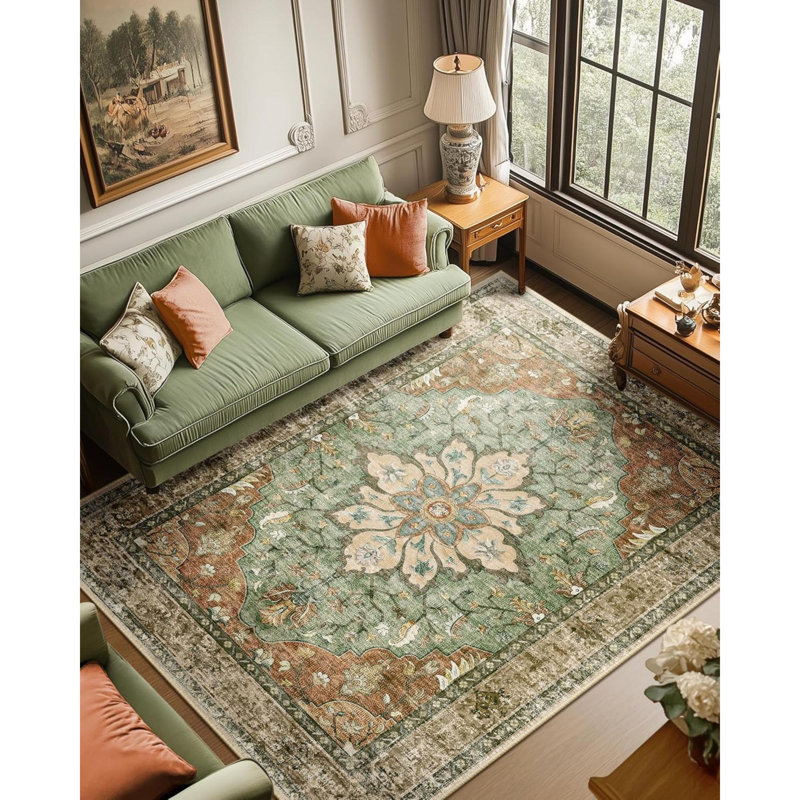 Area Rugs Washable Non Slip Floral Vintage Distress Print Pattern Medallion Carpet For Living Room Bedroom Dining Room Brick Rust Neutral Burnt