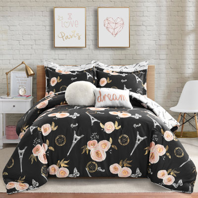Vintage Paris Rose Butterfly Script Microfiber Reversible 7 Piece Comforter Set