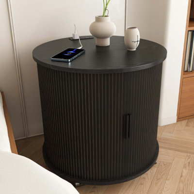 Set of 2 Mid Century Modern Cylinder End Table with Built-in Charging Station & Sliding Door, 2-Tier Storage Round Nightstand with USB Ports, Bedside Table for Living Room, Bedroom, Entryway