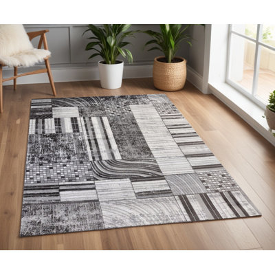 Tapis abstrait gris, brun et beige 4 pi x 6 pi