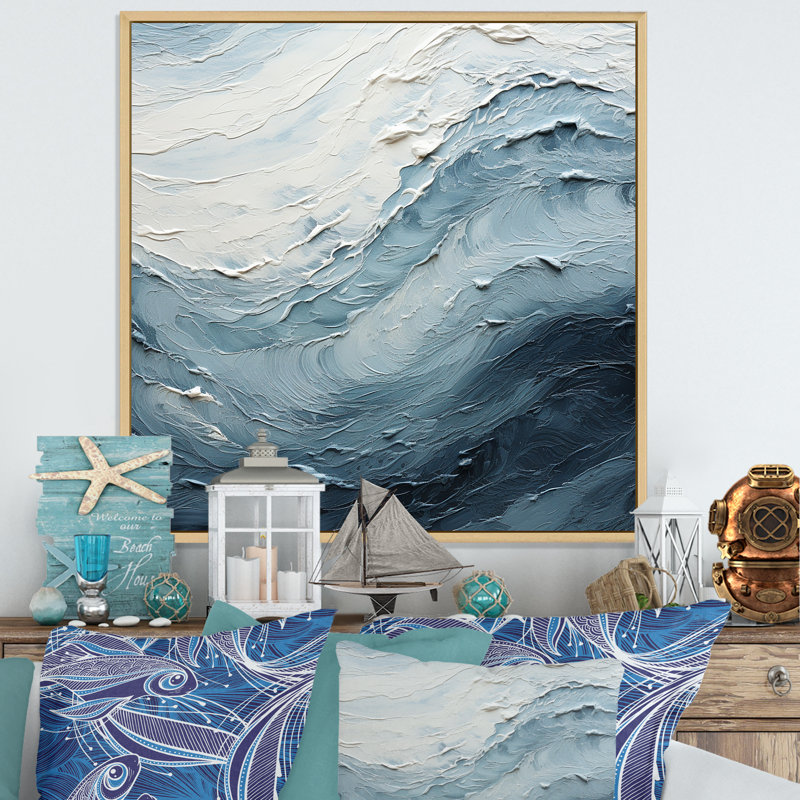 Minimalism Black And Blue Paint Wave II - Abstract Canvas Wall Art, 36" H x 36" W, Maple Floater Framed