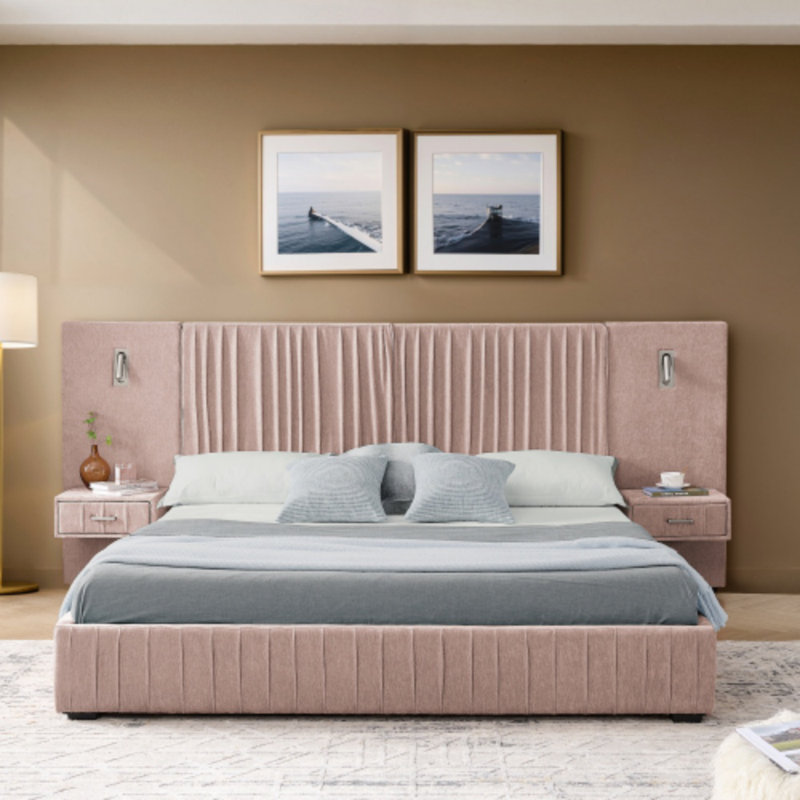 Structure de lit tapissier grand format avec tissu en chenille et tête de lit plissée, aucun sommier tapissier nécessaire