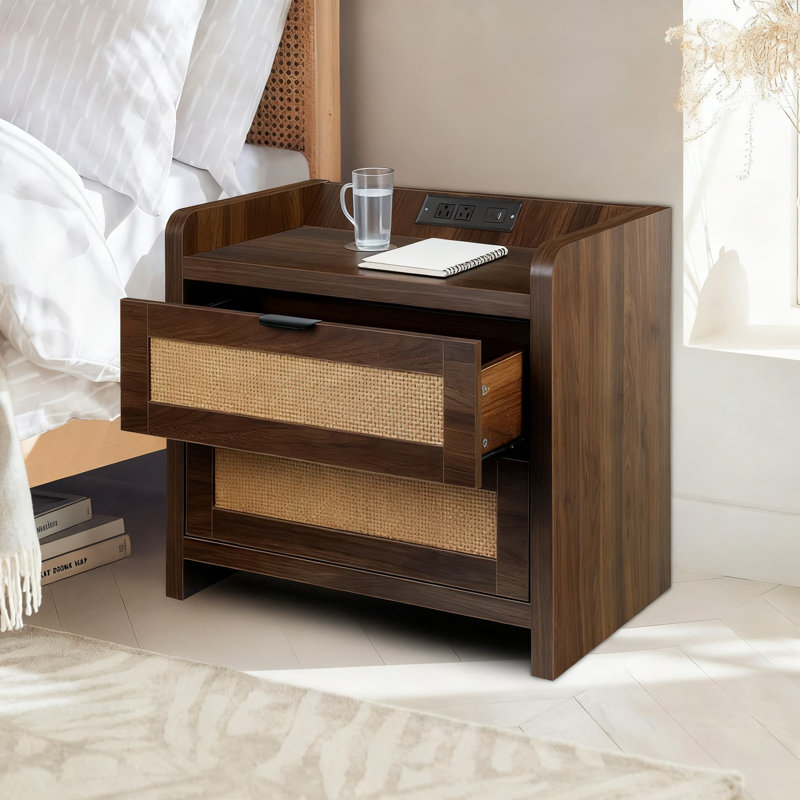Avec station de charge, table de chevet de ferme avec 2 tiroirs en rotin, table de bout Boho pour chambre à coucher et salon