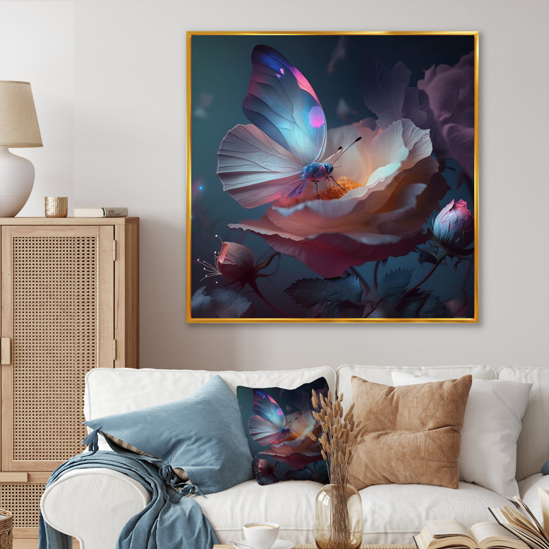 Fleur crème avec papillons en fleurs I - décoration murale florale, L 16 po x H 16 po, Cadre flottant doré