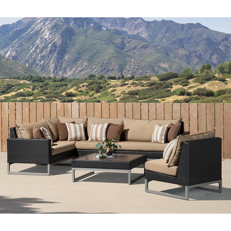 Ensemble de conversation modulaire en rotin avec coussins 6 pièces Likeko, Brun, Beige