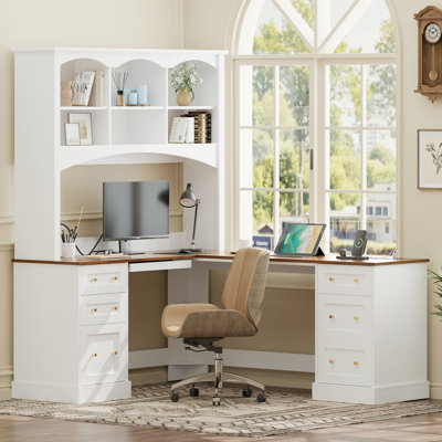 Farmhouse Space-Saving L-Shaped Computer Desk with Keyboard Tray & Charging Stations