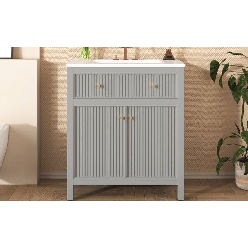 Meuble-lavabo gris avec lavabo en céramique - Design contemporain, fabrication en bois massif, armoire de rangement pratique de 30 po gris moderne, construction, espace dissimulé