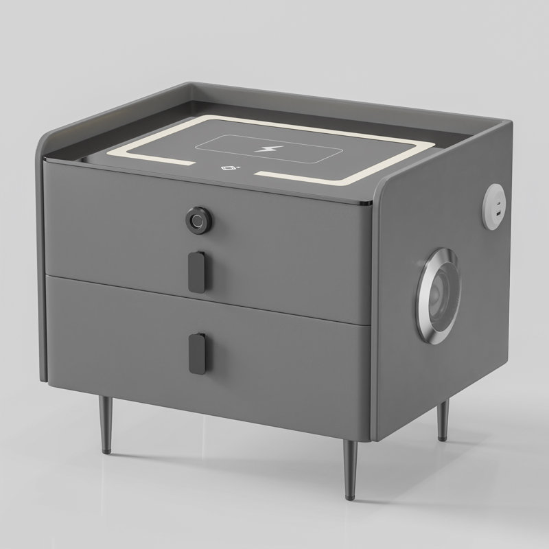 Cathriona 2 - Drawer Nightstand With Fingerprint Lock And Led Lights And Music Player, Grey