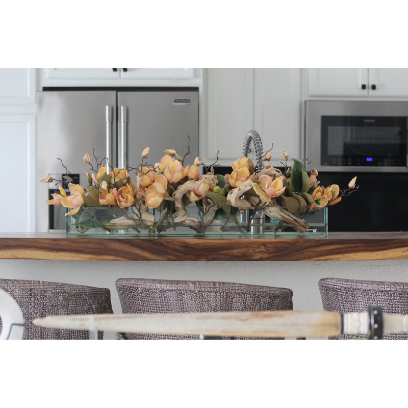 Glass Plate Magnolia Floral Arrangement And Centerpiece In Planter, 10" H x 24" W x 7" D, Peach