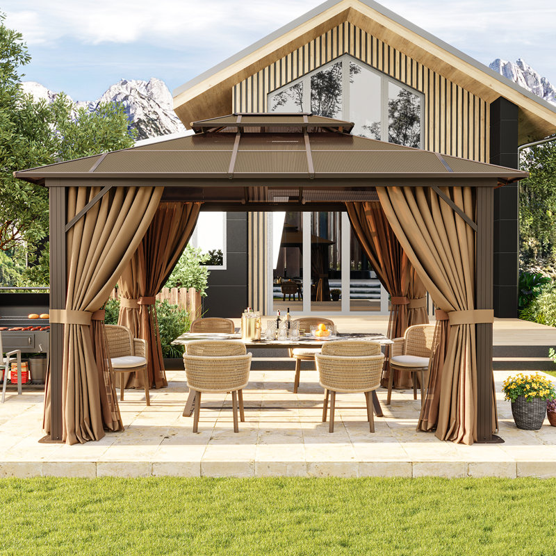 12 pi. L 10 pi. D Pavillon de jardin à structure en métal avec double toit en polycarbonate, 12 pi. L 10 pi. D, Brun