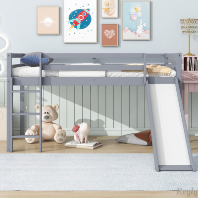 Rubber Wood Low Loft Bed with Slide