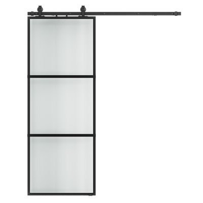 28" x 84" Metal and Frosted Glass Sliding Barn Door with Installation Hardware Kit ( Soft-close Included)