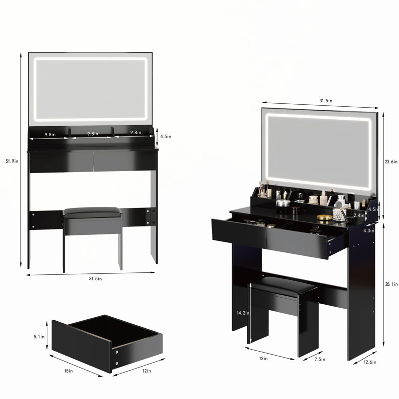 Extra Large LED Mirror Vanity Table with Adjustable Brightness and Cushioned Stool