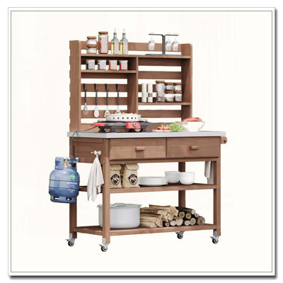 Banc de rempotage extérieur 64,9 "avec plateau et roulettes en acier inoxydable
