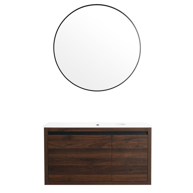 36" Bathroom Vanity With Gel Basin, Modern Organizer Unit Cabinet, Spacious Interior Storage, Build, Walnut Color, Functionality Unit, Plywood Base, Function