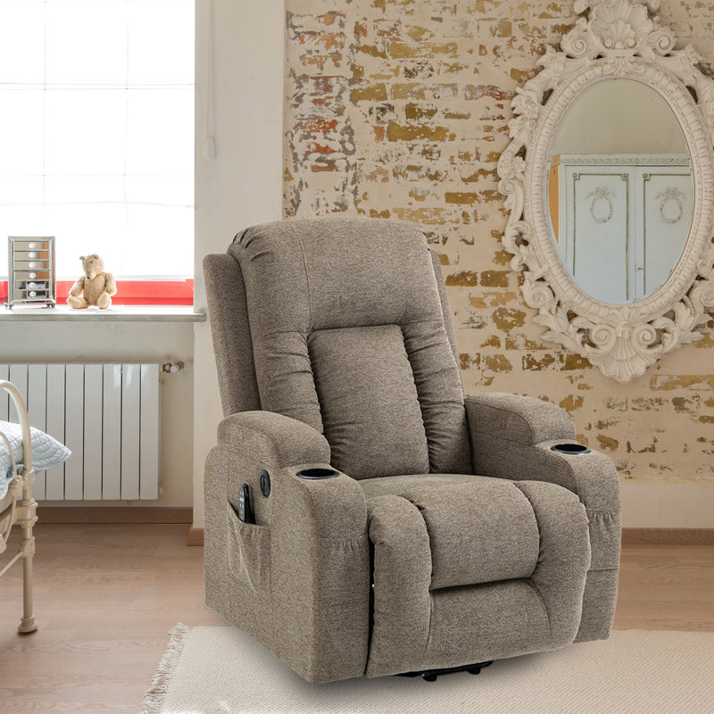 Emalina 39.76"W Ergonomic Power Lift Recliner, Massage, Heater, Cup Holders, Brown Velvet