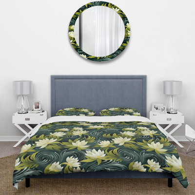Aaryona White Embracing Meditative Lotus Zen I - Floral Duvet Cover Set - Microfiber Polyester