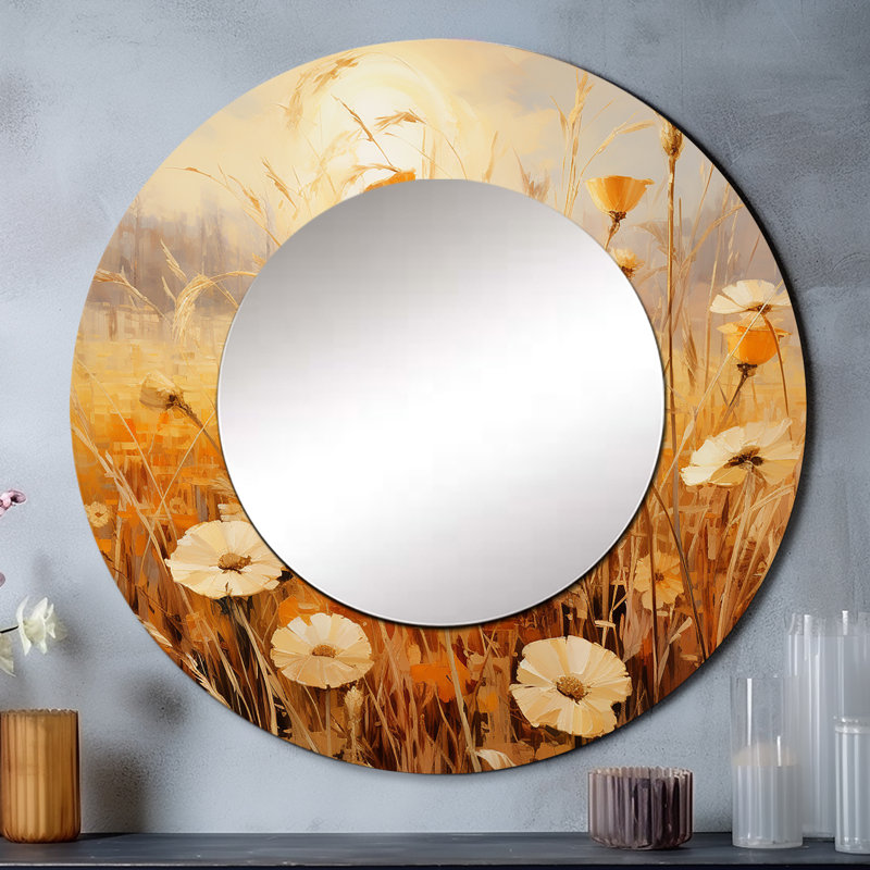 Golden Meadows - Landscapes Mirror, Yellow Round Decorative Wall Mirror, Printed Metal Art, 23" x 23"