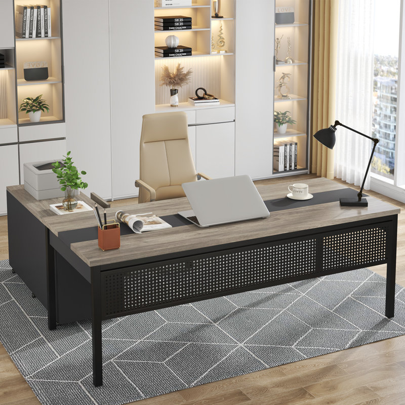 L-Shaped Metal Base Executive Desk, Gray/Black