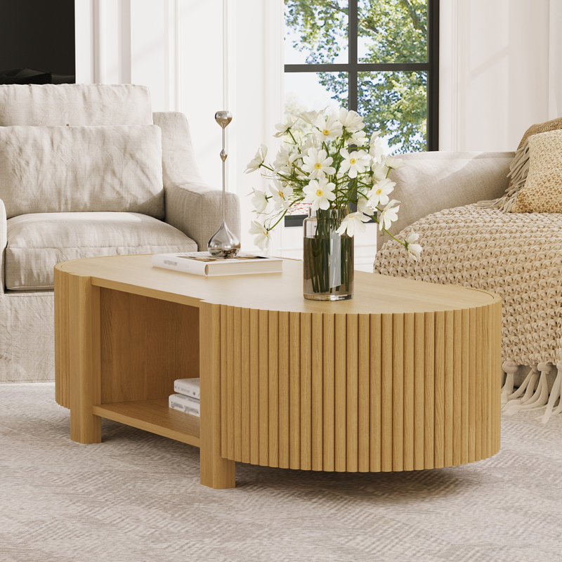Table basse ovale cannelée avec tablette ouverte et 4 portes de rangement ouvertes, Naturel