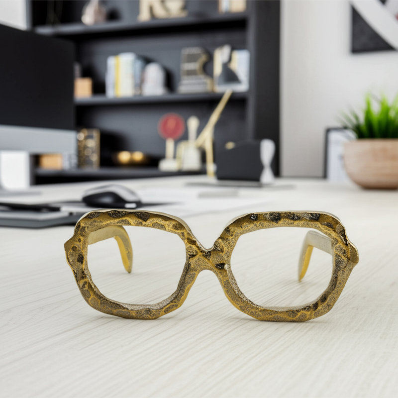 Sculpture en métal et objets décoratifs en forme de lunettes en aluminium avec un design artisanal texturé, Doré