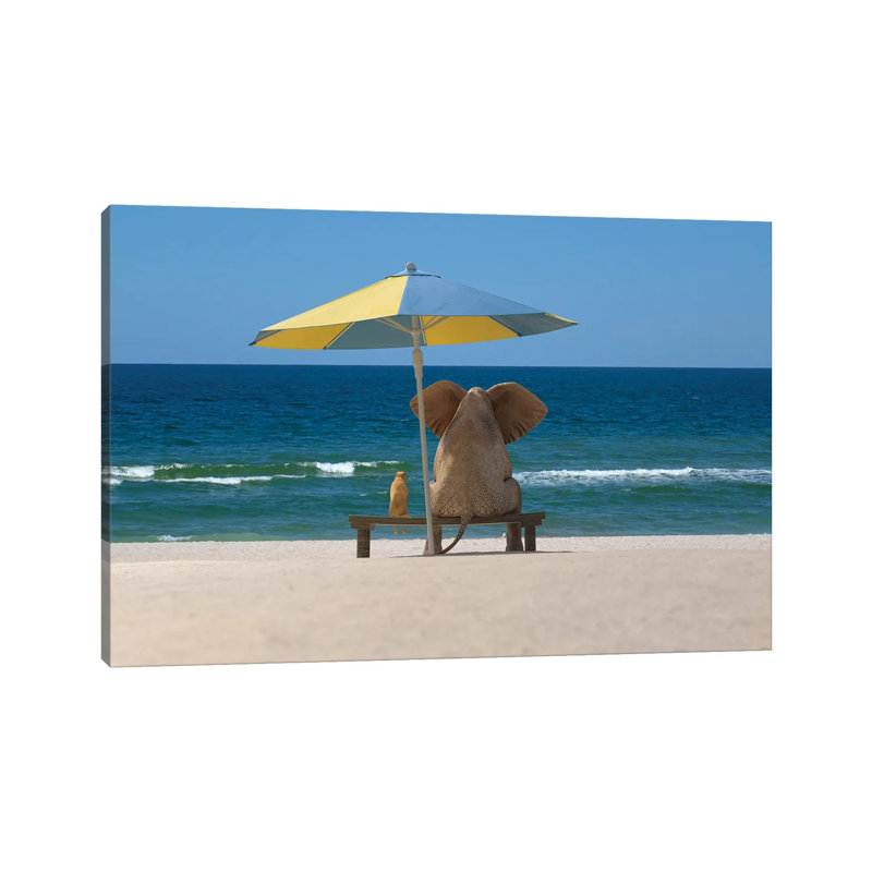Elephant and Dog Sit Under an Umbrella on the Sea Beach 1 Piece Wrapped Canvas Wall Art, 20.32 cm H x 30.48 cm W