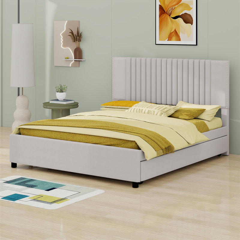 Lit plateforme tapissier avec 2 tiroirs et lit gigogne, tête de lit classique, Beige, Grand