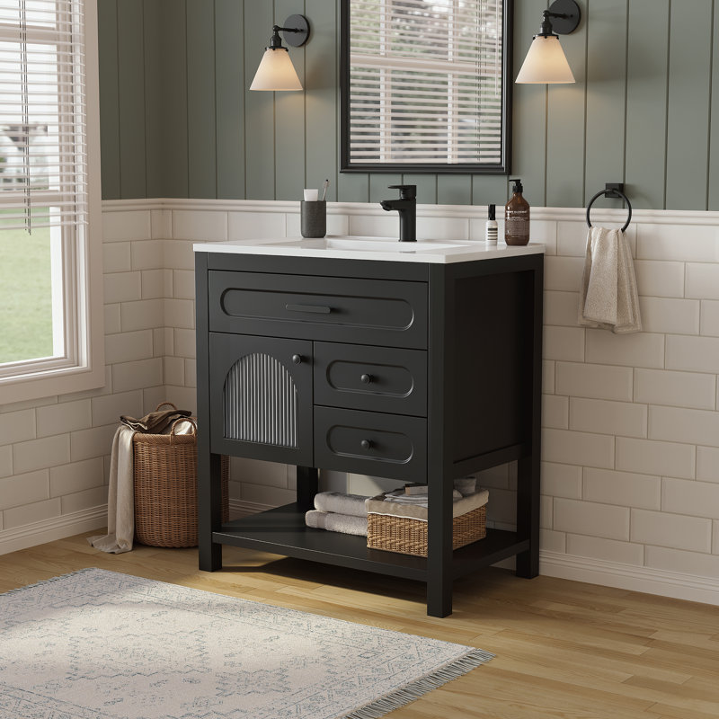 30" Freestanding Single Solid Wood Frame Bathroom Vanity with Composite Solid Surface Top