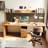 Nut-brown + Black Rectangular Solid Wood + Iron with 3 drawers desk-399770618