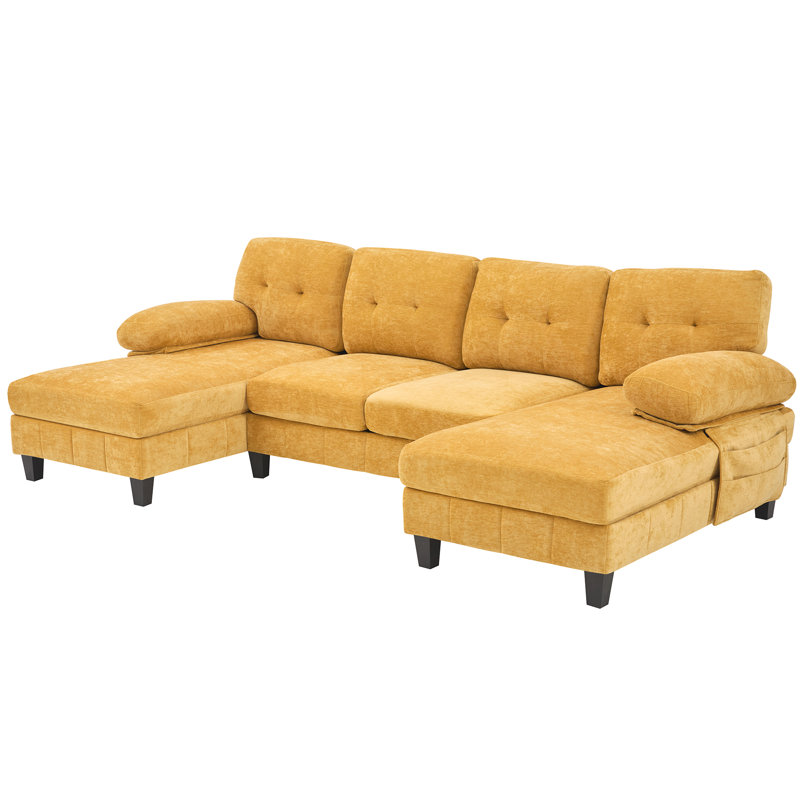 U-shaped Sectional Sofa 103.5" Chenille Fabric Couch with Dual Chaise Lounges, Storage Pockets and Armrest Pillows for Living Room, Yellow